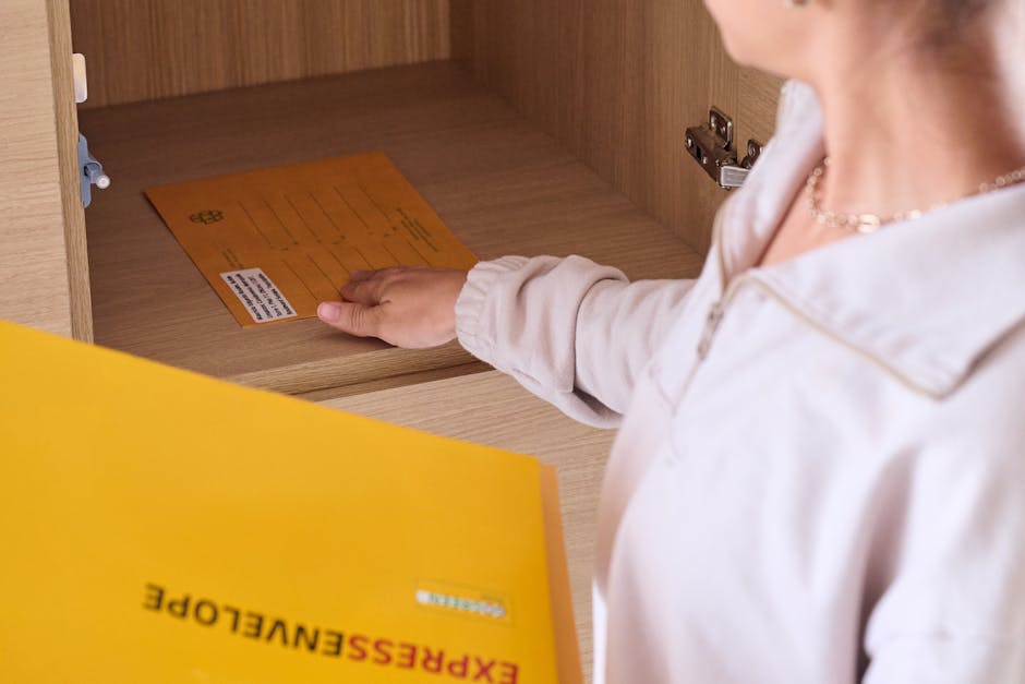 Close-up of a person storing an express envelope in a cabinet for secure delivery.