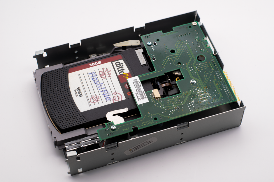 Detailed image of a vintage DittoMax internal tape drive, highlighting 10GB magnetic media storage technology.